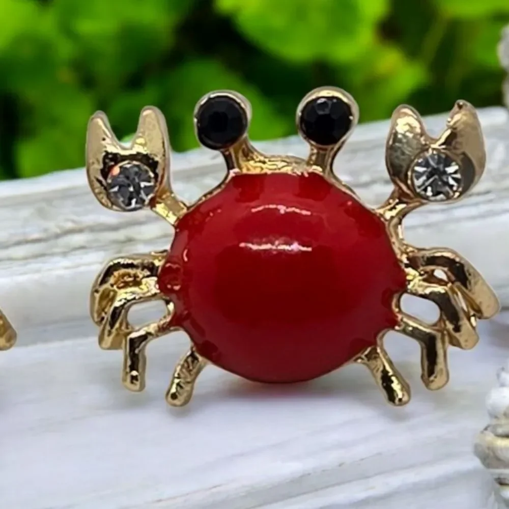 Crab Earrings Red Gold Rhinestone Stud Nautical Coastal Cute Vacation Jewelry